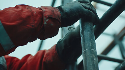 Worker in Red Jacket Handling Metal Structure
