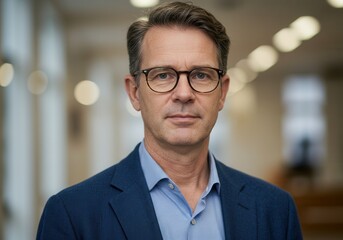 Portrait of a mature man with glasses wearing a blue shirt and blazer indoors