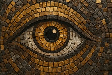 Naklejka premium stone mosaic design depicting a golden eye with geometric patterns in rich earth tones, perfect for textures or abstract backgrounds Background