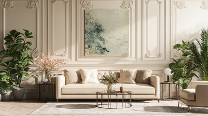 a living room interior design with a beige sofa and a large painting on the wall background