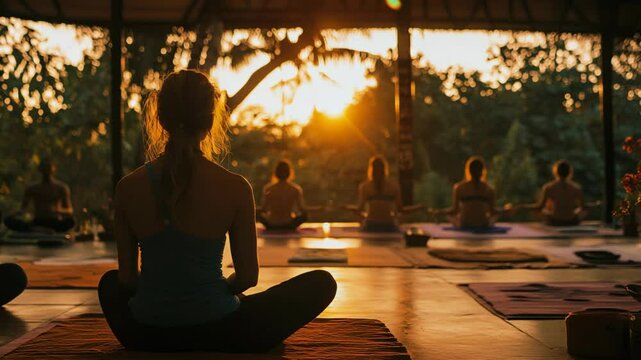 People meditating together during sunrise or sunset in a yoga class.