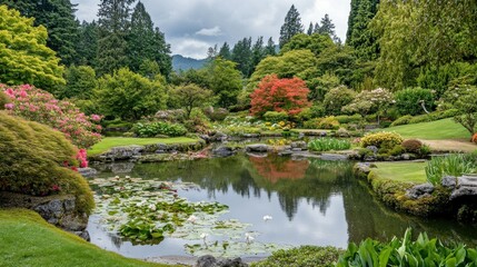 Reflections and Tranquility at the Japanese Garden's Pond in Spring Season