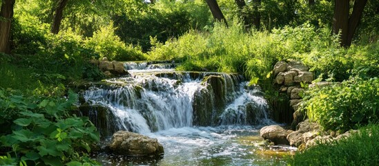 Naklejka premium Serene cascading waters in a lush green forest ecosystem landscape