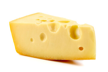 Piece of yellow Swiss cheese with holes, isolated on white background