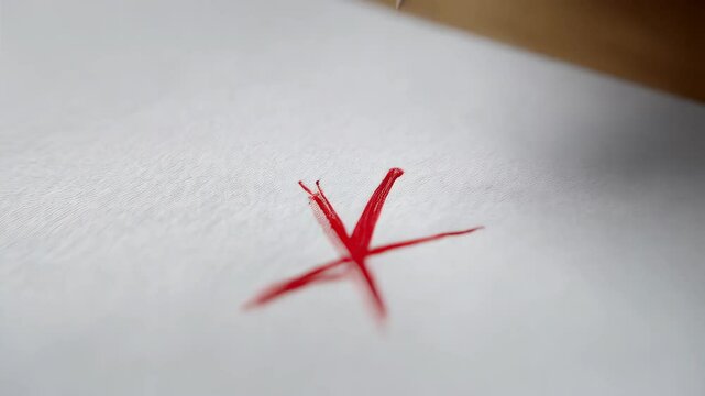 Hand drawing an X mark with a red pen on white paper, representing choice, error, or disapproval close up