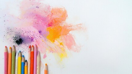Close-up of a group of colored pencils arranged in a line on a white background.