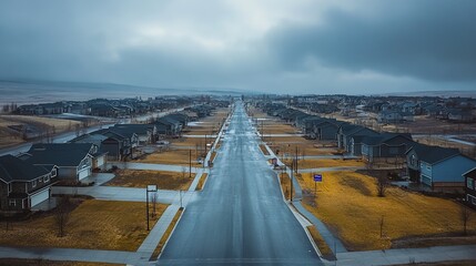 Fototapeta premium Empty suburban neighborhood with for sale signs on front lawns, aerial view of deserted residential streets under cloudy weather. Housing market crisis and economic downturn concept. 