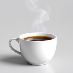 Minimalist white cup of steaming hot coffee on a white background.
