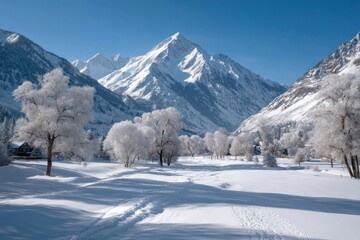 Obraz premium Snow-covered landscape with majestic mountains and frosty trees on a clear winter day