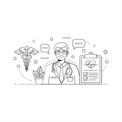 Medical Doctor with Healthcare Illustration - Line Art.
