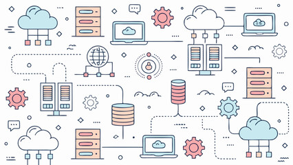 Seamless vector pattern depicting a cloud computing concept, featuring a modern and technological design.