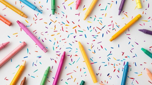 Flat lay of colorful crayons scattered on a white background. there are multiple crayon colors in different shades of pink, blue, green, yellow, purple, and orange.