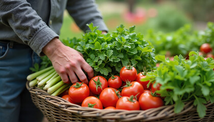 Fototapeta premium Person harvesting fresh vegetables with tomatoes and herbs in a wicker basket
