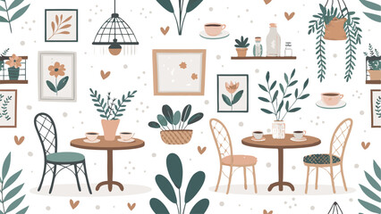 Seamless vector pattern featuring cozy cafes and coffee cups, perfect for backgrounds or textile designs.