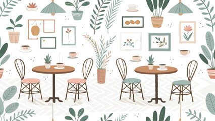 Seamless vector pattern featuring cozy cafes and coffee cups, perfect for backgrounds or textile designs.