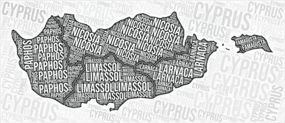 Cyprus regions map word cloud. Cyprus region names. Black and white map design. Artistic vector illustration.