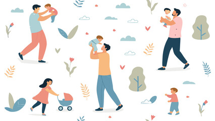 Seamless vector pattern featuring dads holding their babies, a heartwarming and tender design.