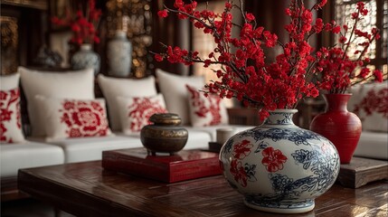 Fototapeta premium Elegant Interior with Red Plum Blossom Decor, White Sofa, and Wood Coffee Table, Traditional Chinese Living Room Style