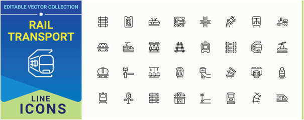 Rail Transport linear icon set. Contain linear sign station, transport, railroad, tram, subway and more. Train And Railway modern icon set. Perfect for logos and infographic. Editable vector art.