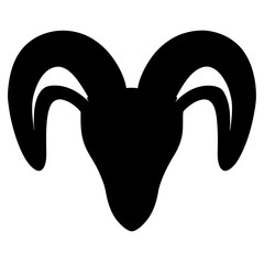 Minimalist black silhouette of a ram's head with curved horns on white