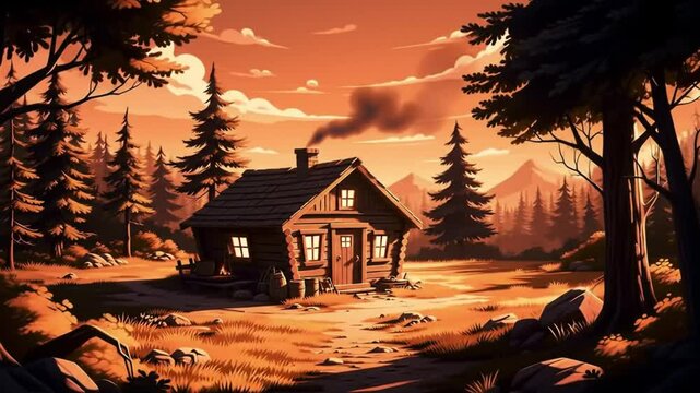 Cozy Cabin Retreat In A Peaceful Forest Evening Landscape Cartoon Style