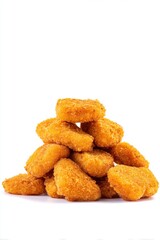 Pile of golden crispy chicken nuggets on white background studio shot close up delicious snack food
