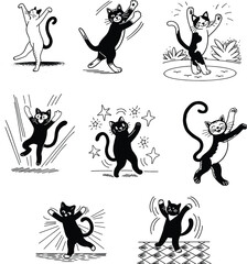 A silhouette vector cat dancing and playing with enjoy