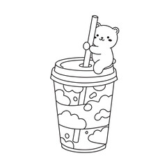 A black and white line drawing shows a cute bear clinging to a straw in a decorated cup with a lid. The cup has cloud-like designs and circles on it.