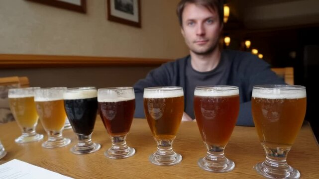 A man enjoys a diverse selection of craft beers in a cozy pub setting Glasses showcase various beer styles