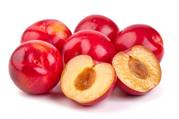 Red plums, fresh and ripe fruit isolated on white background.