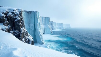 Jagged cliffs, deep snowdrifts, icy windswept scene, wild, white, icy