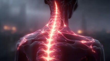 Medical illustration of spine with scoliosis brace, glowing corrected alignment, orthopedic concept, faceless back view