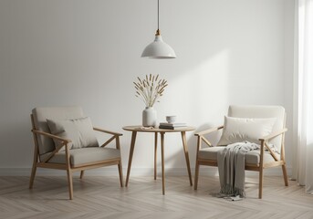 Minimalist interior with chairs, table, vase, and pendant light against a white wall