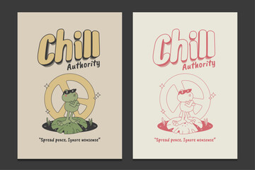 groovy hippie poster with a chill cartoon frog character, vector illustration