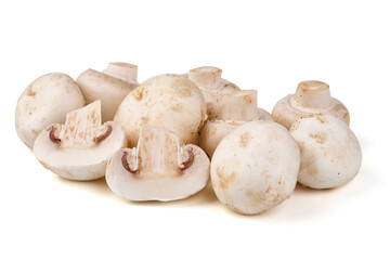 White champignons mushrooms, isolated on white background.