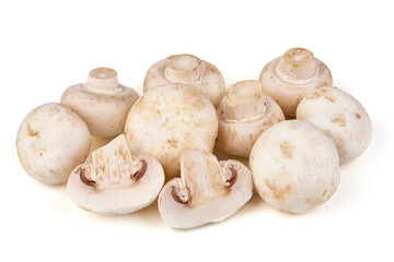 White champignons mushrooms, isolated on white background.