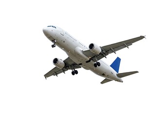 Obraz premium Commercial airplane ascending against a bright white sky background