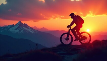 Obraz premium Silhouette of a mountain bike against a vibrant sunset, overlooking a mountain range , recreation, colorful