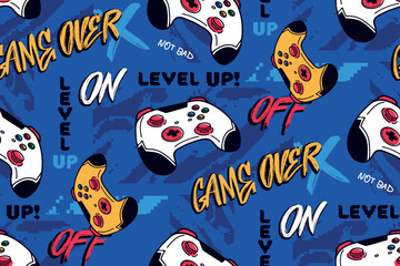 Gamer graffiti  seamless pattern on blue background with game pad vector illustration, pixel camouflage print, street art style words. Game pads seamless pattern.
