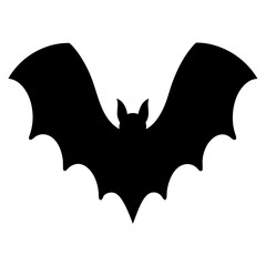 Black Halloween Bat Silhouette with Wide Wingspan Flying on White Background
