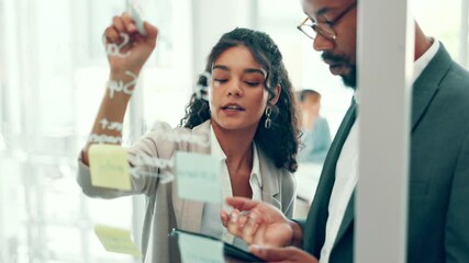 Business people, feedback and writing with tablet for glass wall, meeting or strategy in office. Employees, tech or team planning with administration for online, problem solving or digital report - Powered by Adobe