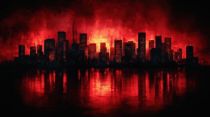 Fiery city skyline reflected in crimson water