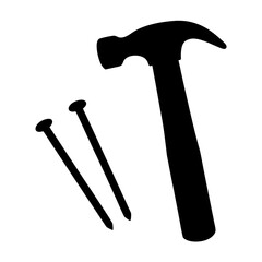 Silhouette illustration of a hammer and two nails on a white background