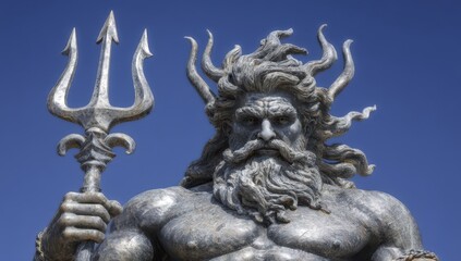 A mighty stone statue from ancient times represents Neptune, or Poseidon, the god of the sea and oceans, wielding a trident