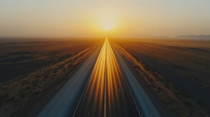 Fototapeta premium Aerial view of endless highway stretching into horizon under golden sunset, symbolizing boundless opportunities and journey to success. Road trip, travel adventure and freedom concept. 