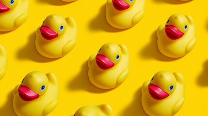 Fototapeta premium Close-up of multiple yellow rubber duck toys arranged on a bright yellow background. 
