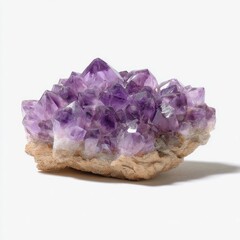 Cluster of amethyst crystals on a light beige base