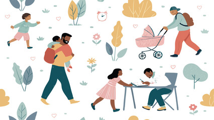 Seamless vector pattern featuring diverse fathers actively engaged in helping their children.