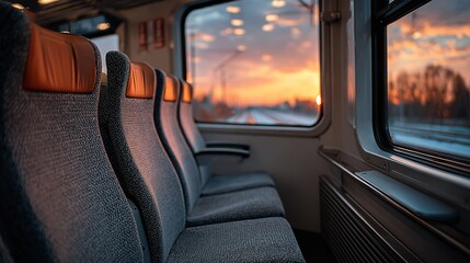 Fototapeta premium Empty Train Seat at Sunset with Open Window and Blurred Landscape in Background, Soft Pastel Sky and Gray Fabric Interior