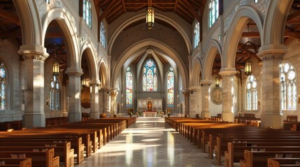 Fototapeta premium Church Interior with Pews, Arches, and Stained Glass